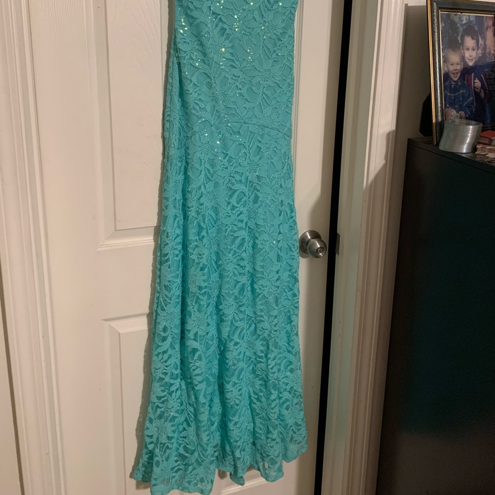 Floor-length teal evening gown